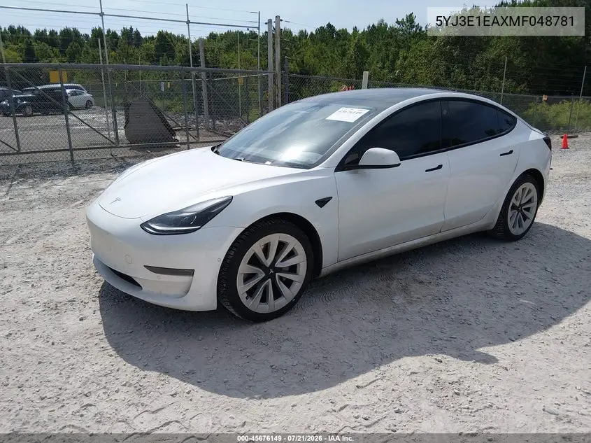 2021 Tesla Model 3 Standard Range Plus Rear-Wheel Drive VIN: 5YJ3E1EAXMF048781 Lot: 45676149