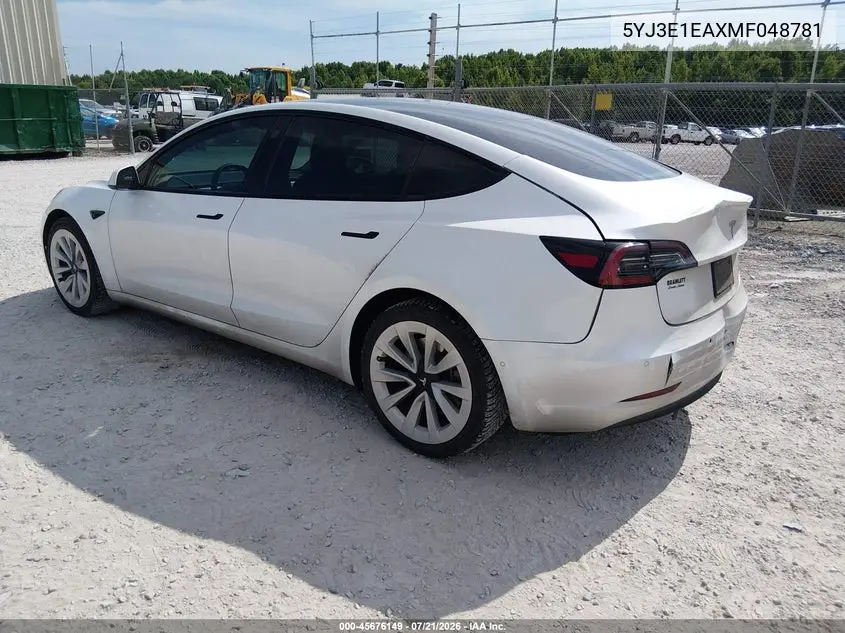2021 Tesla Model 3 Standard Range Plus Rear-Wheel Drive VIN: 5YJ3E1EAXMF048781 Lot: 45676149