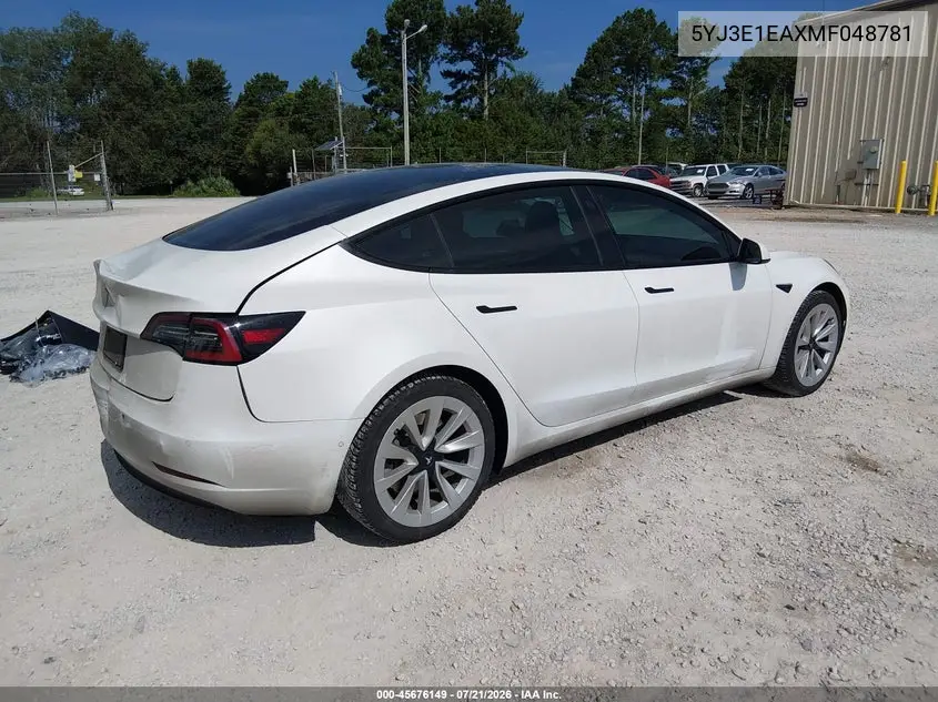 2021 Tesla Model 3 Standard Range Plus Rear-Wheel Drive VIN: 5YJ3E1EAXMF048781 Lot: 45676149