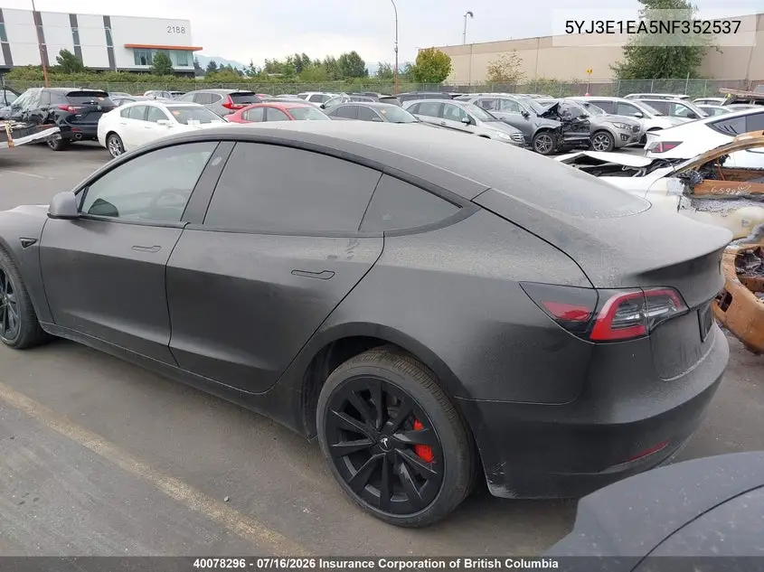 2022 Tesla Model 3 VIN: 5YJ3E1EA5NF352537 Lot: 40078296