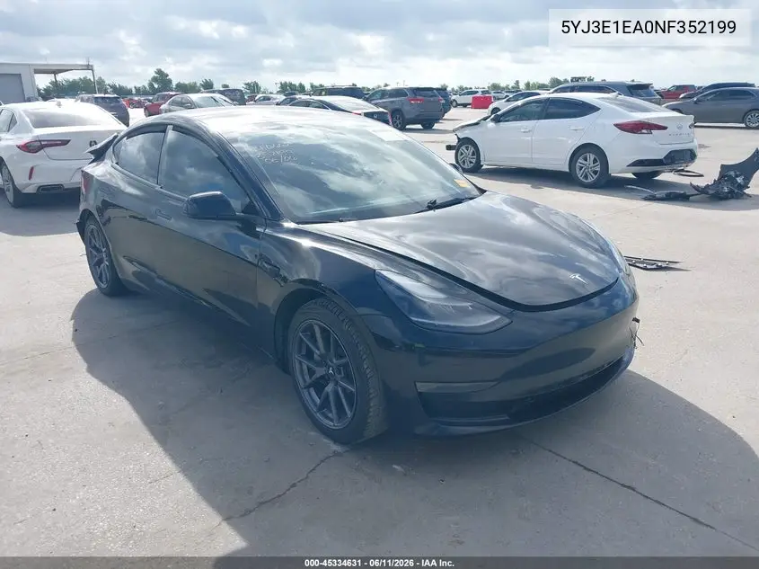 2022 Tesla Model 3 Rear-Wheel Drive VIN: 5YJ3E1EA0NF352199 Lot: 45334631
