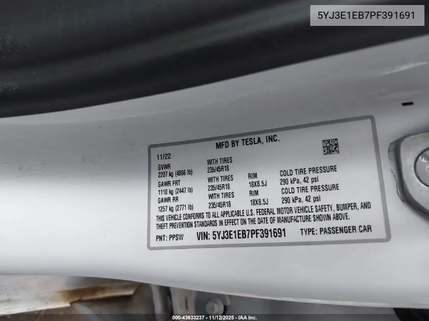 5YJ3E1EB7PF391691 2023 Tesla Model 3 Long Range Dual Motor All-Wheel Drive