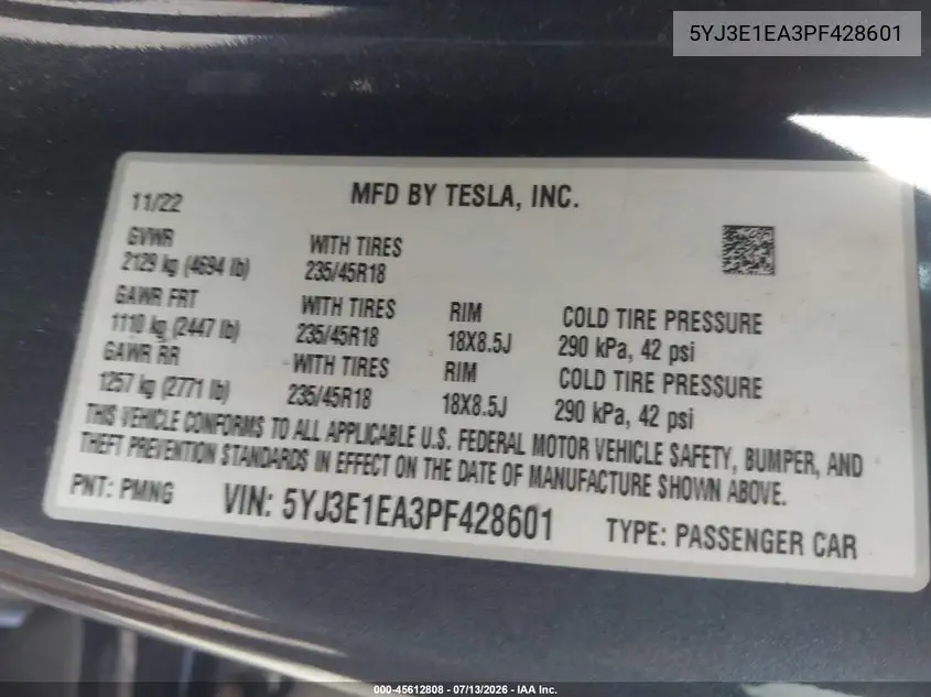 2023 Tesla Model 3 Rear-Wheel Drive VIN: 5YJ3E1EA3PF428601 Lot: 45612808