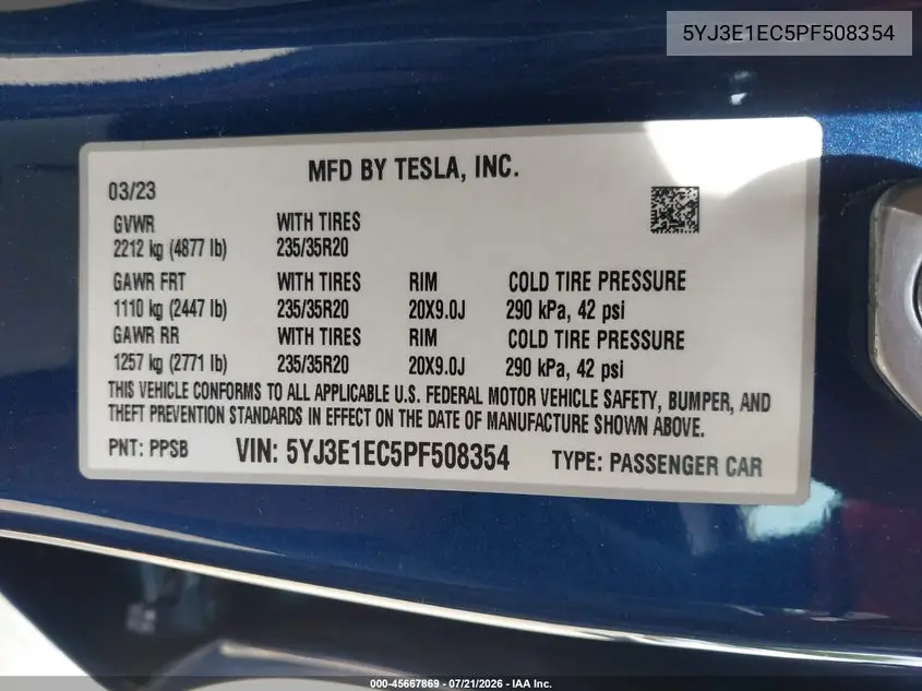 2023 Tesla Model 3 Performance Dual Motor All-Wheel Drive VIN: 5YJ3E1EC5PF508354 Lot: 45667869