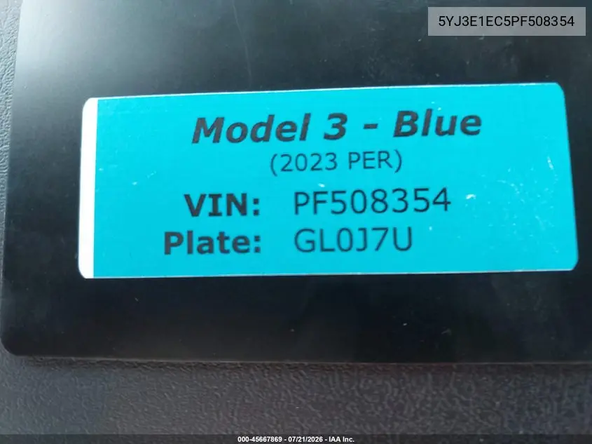 2023 Tesla Model 3 Performance Dual Motor All-Wheel Drive VIN: 5YJ3E1EC5PF508354 Lot: 45667869