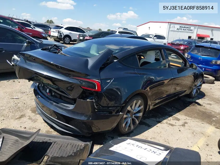2024 Tesla Model 3 Long Range Dual Motor All-Wheel Drive/Rear-Wheel Drive VIN: 5YJ3E1EA0RF858914 Lot: 45613437