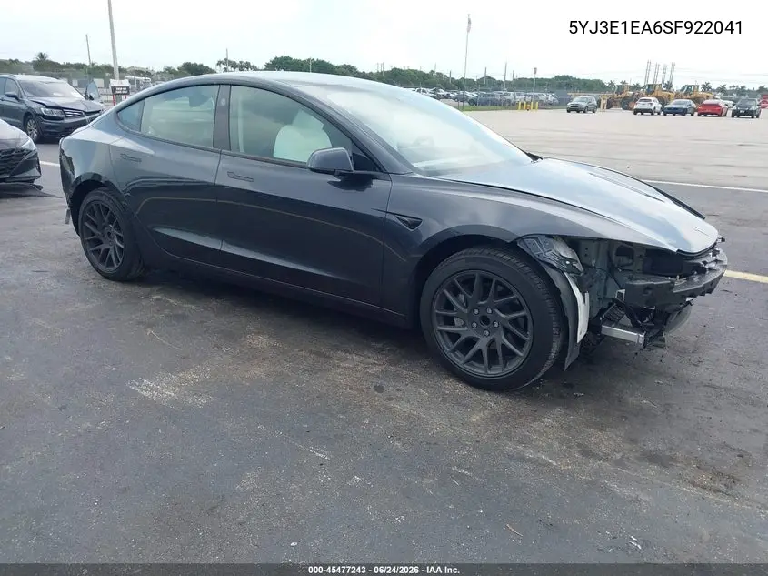 2025 Tesla Model 3 Long Range Rear-Wheel Drive/Standard Rear-Wheel Drive VIN: 5YJ3E1EA6SF922041 Lot: 45477243