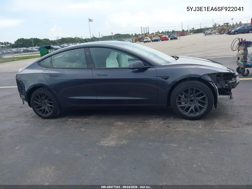 2025 Tesla Model 3 Long Range Rear-Wheel Drive/Standard Rear-Wheel Drive VIN: 5YJ3E1EA6SF922041 Lot: 45477243