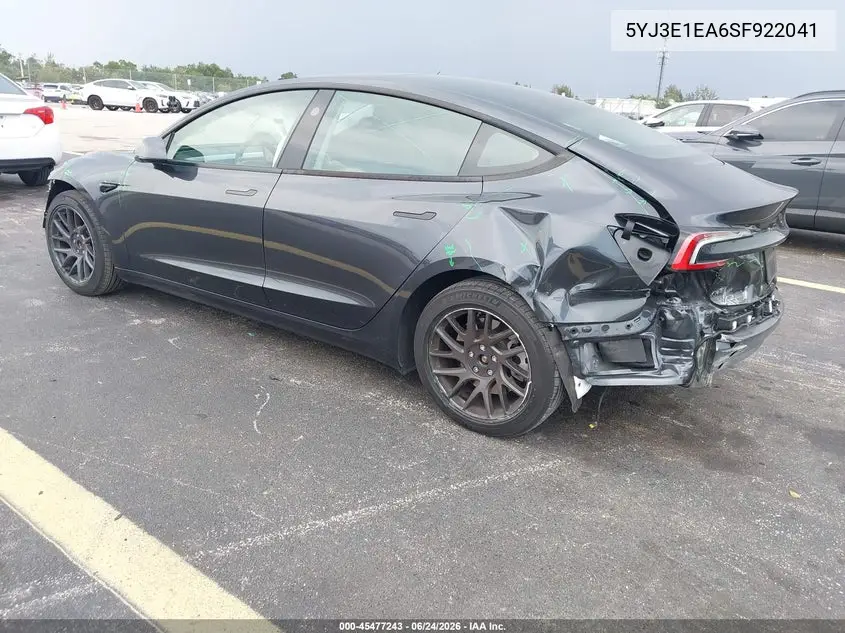 2025 Tesla Model 3 Long Range Rear-Wheel Drive/Standard Rear-Wheel Drive VIN: 5YJ3E1EA6SF922041 Lot: 45477243