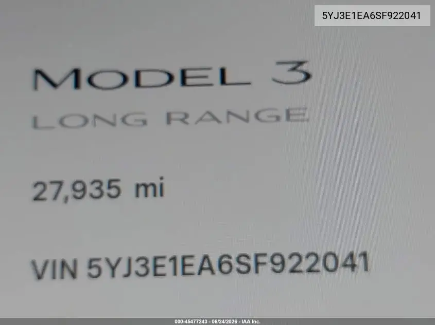 2025 Tesla Model 3 Long Range Rear-Wheel Drive/Standard Rear-Wheel Drive VIN: 5YJ3E1EA6SF922041 Lot: 45477243