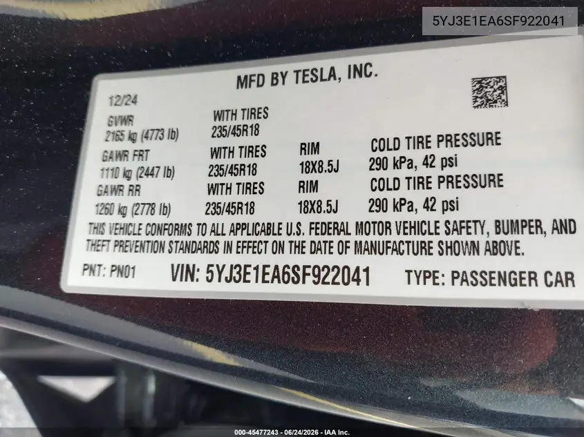2025 Tesla Model 3 Long Range Rear-Wheel Drive/Standard Rear-Wheel Drive VIN: 5YJ3E1EA6SF922041 Lot: 45477243
