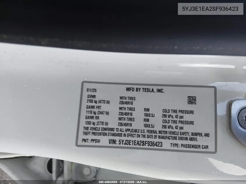 2025 Tesla Model 3 Long Range Rear-Wheel Drive/Standard Rear-Wheel Drive VIN: 5YJ3E1EA2SF936423 Lot: 45682889