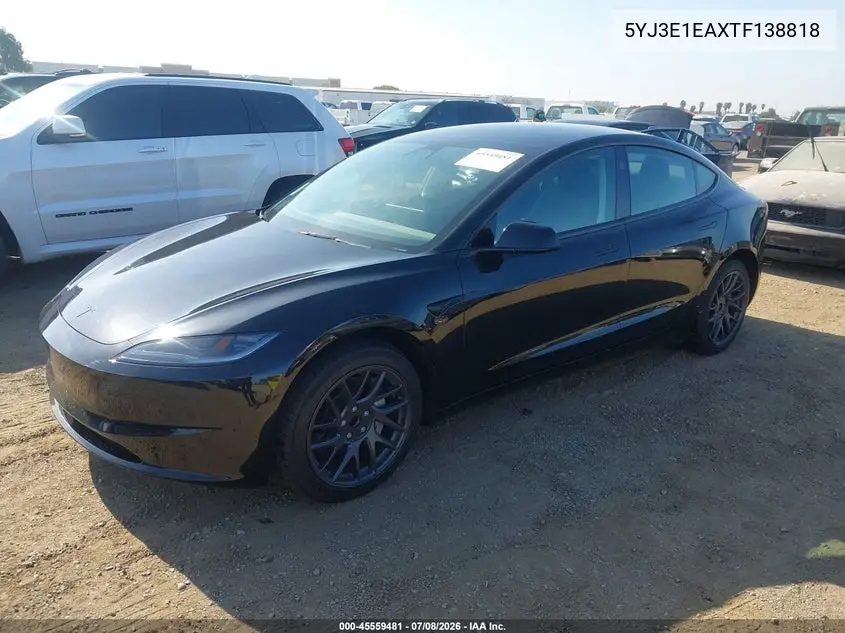 2026 Tesla Model 3 Premium Rear-Wheel Drive/Rear-Wheel Drive VIN: 5YJ3E1EAXTF138818 Lot: 45559481