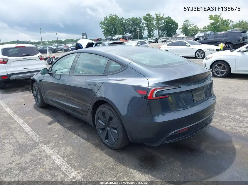 2026 Tesla Model 3 Premium Rear-Wheel Drive/Rear-Wheel Drive VIN: 5YJ3E1EA3TF138675 Lot: 45681442