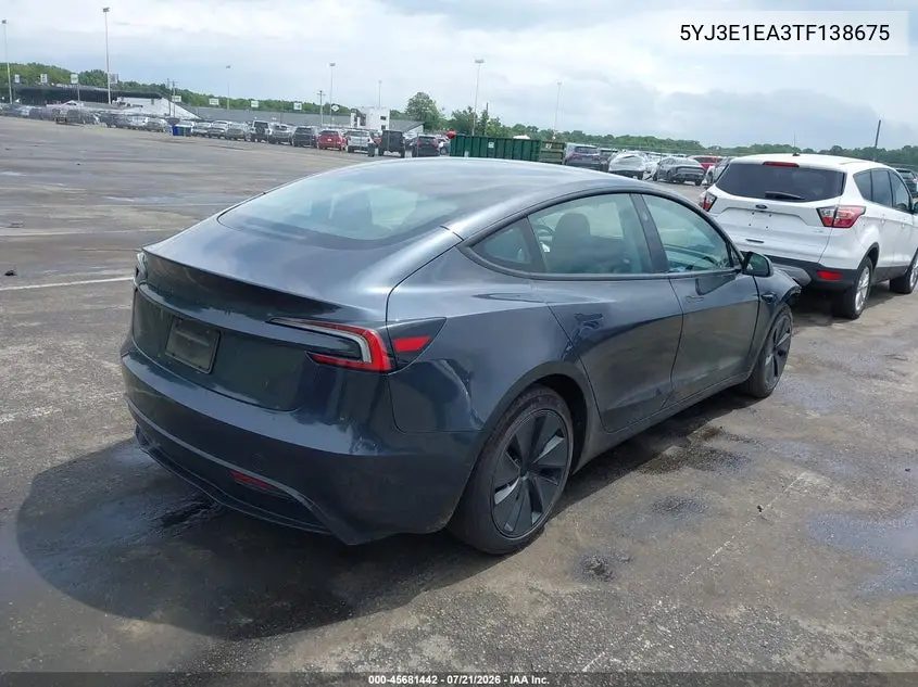 2026 Tesla Model 3 Premium Rear-Wheel Drive/Rear-Wheel Drive VIN: 5YJ3E1EA3TF138675 Lot: 45681442