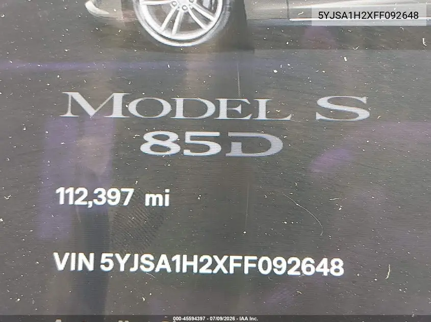 2015 Tesla Model S 70D/85D/P85D VIN: 5YJSA1H2XFF092648 Lot: 45594397