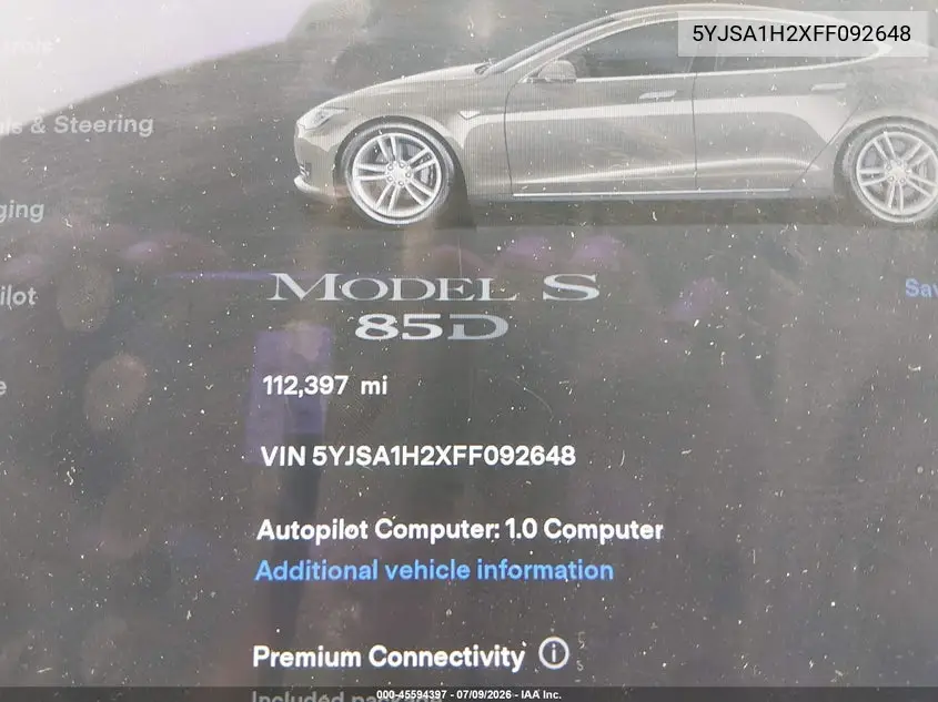 2015 Tesla Model S 70D/85D/P85D VIN: 5YJSA1H2XFF092648 Lot: 45594397