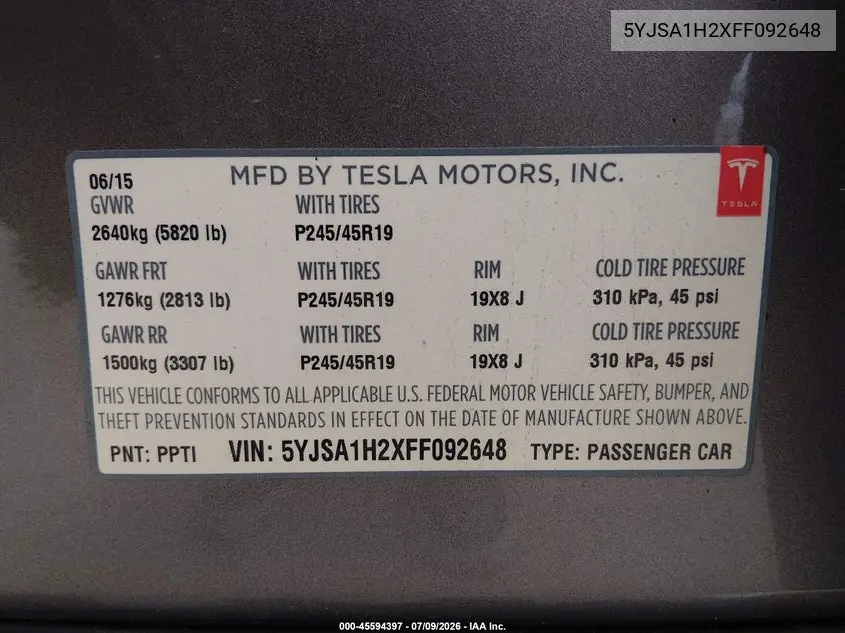 2015 Tesla Model S 70D/85D/P85D VIN: 5YJSA1H2XFF092648 Lot: 45594397