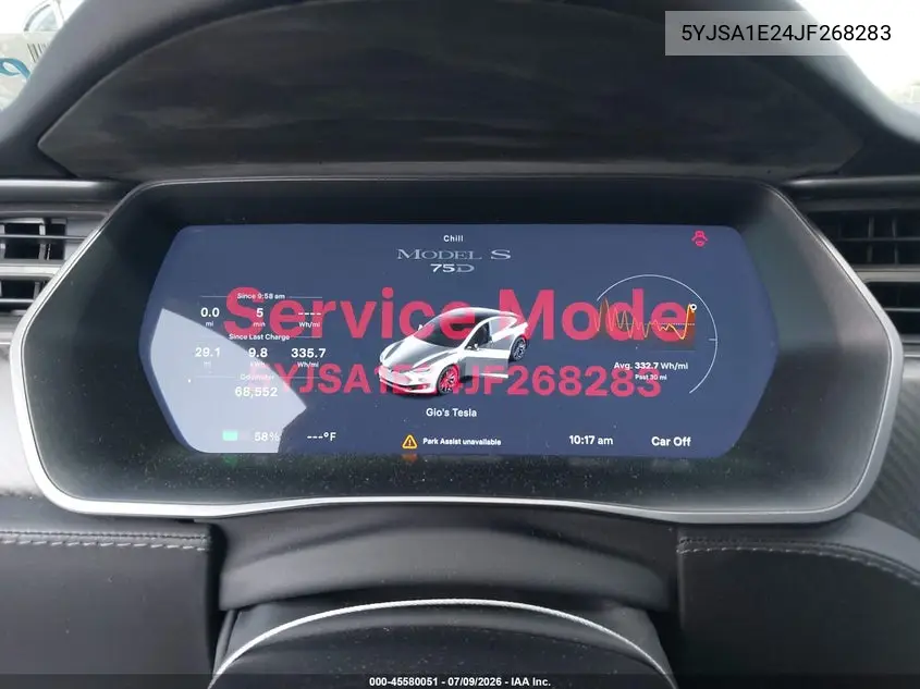 2018 Tesla Model S 100D/75D/P100D VIN: 5YJSA1E24JF268283 Lot: 45580051