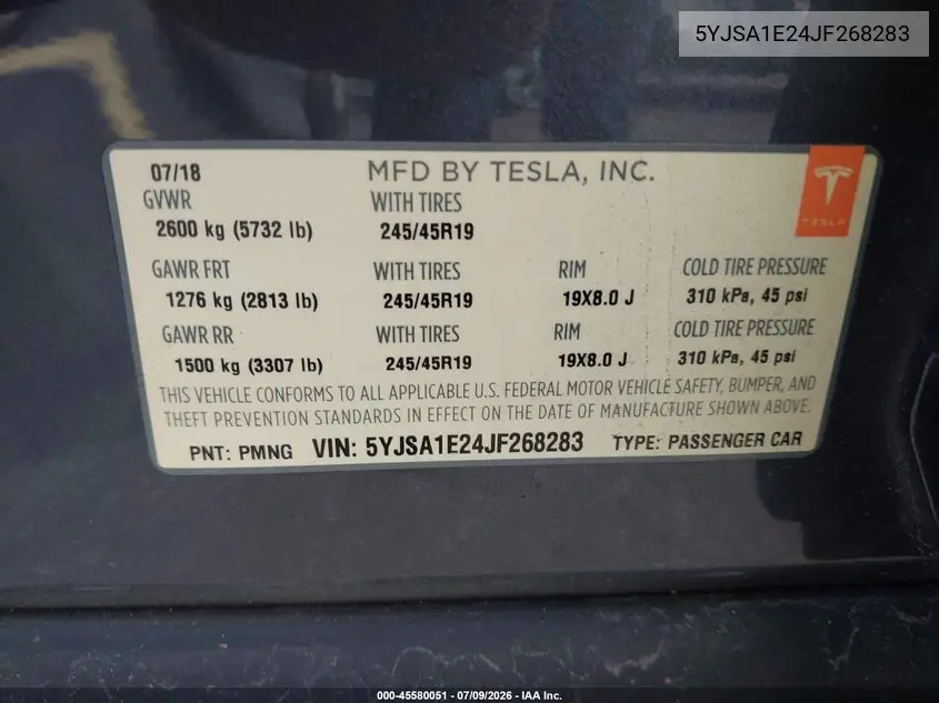 2018 Tesla Model S 100D/75D/P100D VIN: 5YJSA1E24JF268283 Lot: 45580051