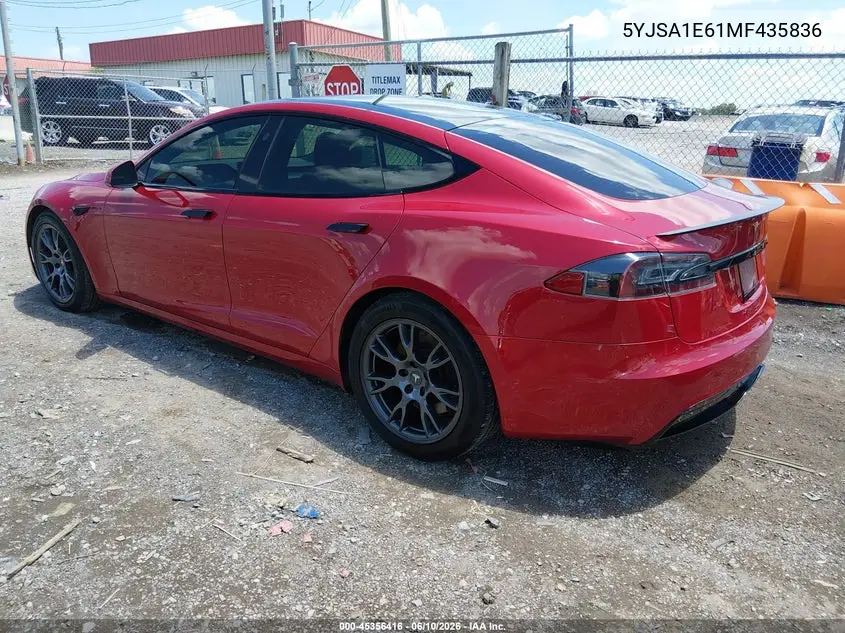 2021 Tesla Model S Plaid Tri Motor All-Wheel Drive VIN: 5YJSA1E61MF435836 Lot: 45356416
