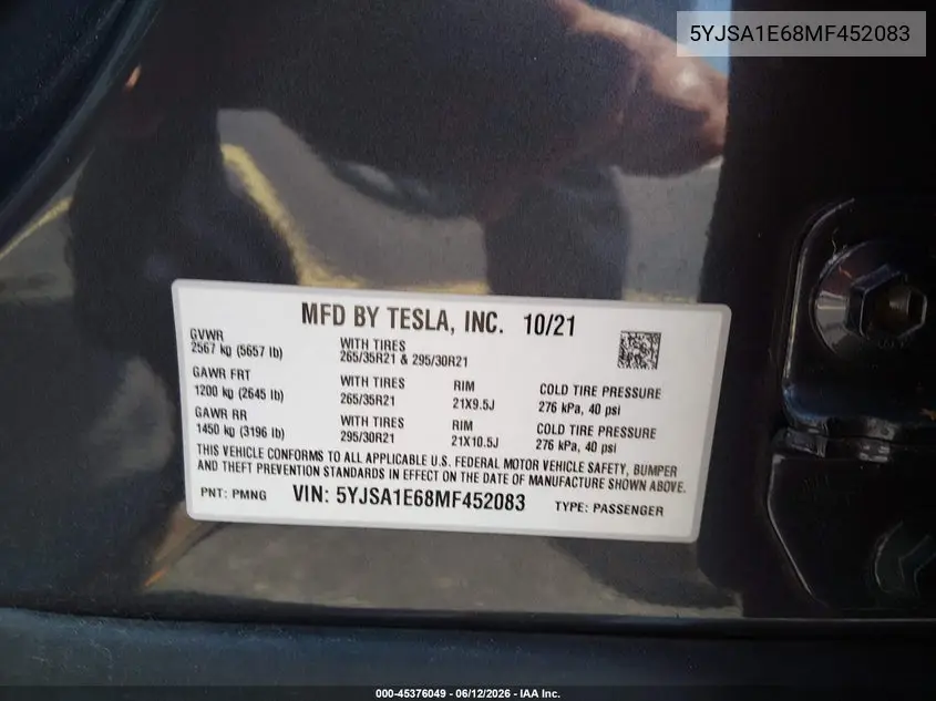 2021 Tesla Model S Plaid Tri Motor All-Wheel Drive VIN: 5YJSA1E68MF452083 Lot: 45376049