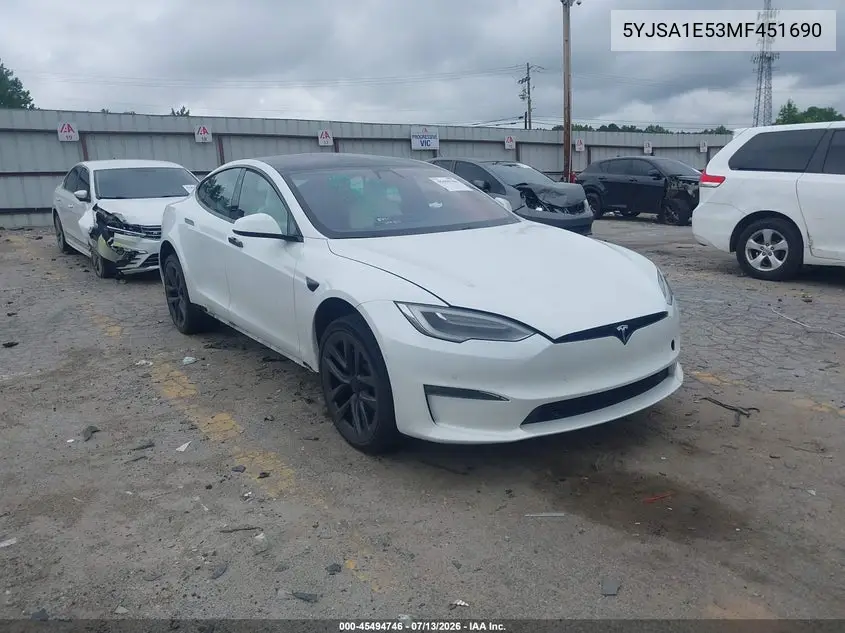 2021 Tesla Model S Long Range Dual Motor All-Wheel Drive VIN: 5YJSA1E53MF451690 Lot: 45494746