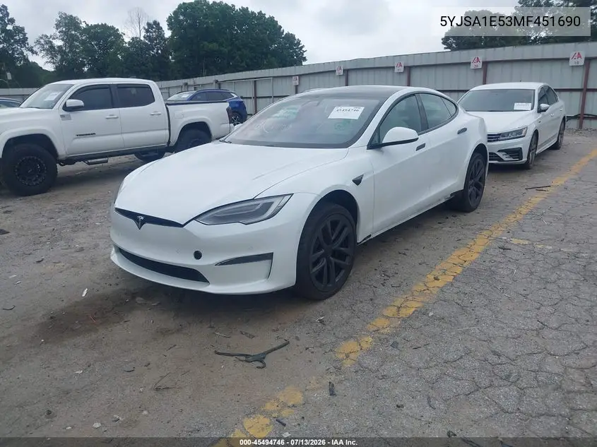 2021 Tesla Model S Long Range Dual Motor All-Wheel Drive VIN: 5YJSA1E53MF451690 Lot: 45494746