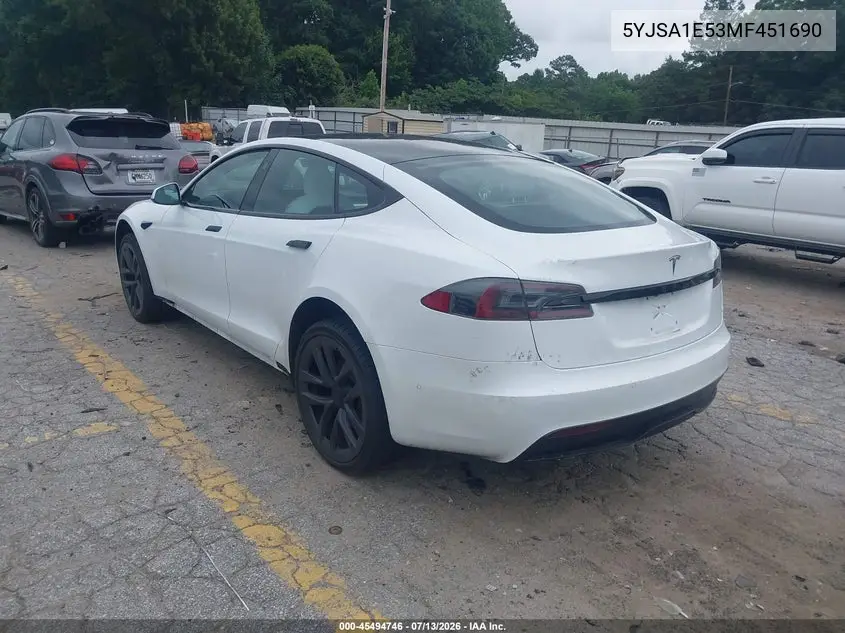 2021 Tesla Model S Long Range Dual Motor All-Wheel Drive VIN: 5YJSA1E53MF451690 Lot: 45494746