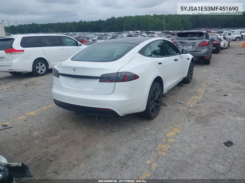 2021 Tesla Model S Long Range Dual Motor All-Wheel Drive VIN: 5YJSA1E53MF451690 Lot: 45494746