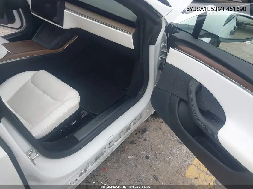 2021 Tesla Model S Long Range Dual Motor All-Wheel Drive VIN: 5YJSA1E53MF451690 Lot: 45494746