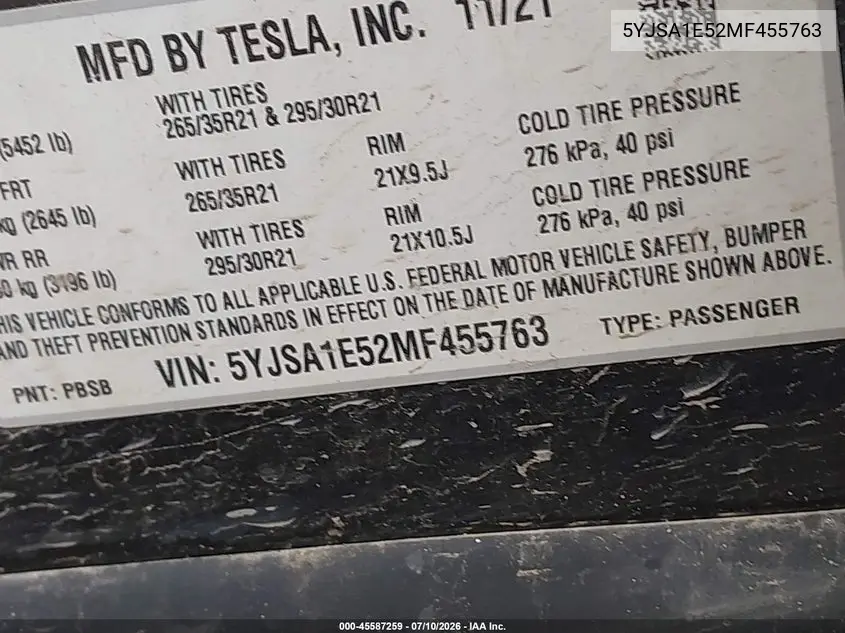 2021 Tesla Model S Long Range Dual Motor All-Wheel Drive VIN: 5YJSA1E52MF455763 Lot: 45587259