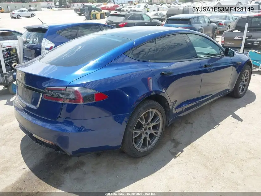 2021 Tesla Model S Long Range Dual Motor All-Wheel Drive VIN: 5YJSA1E53MF428149 Lot: 45678582