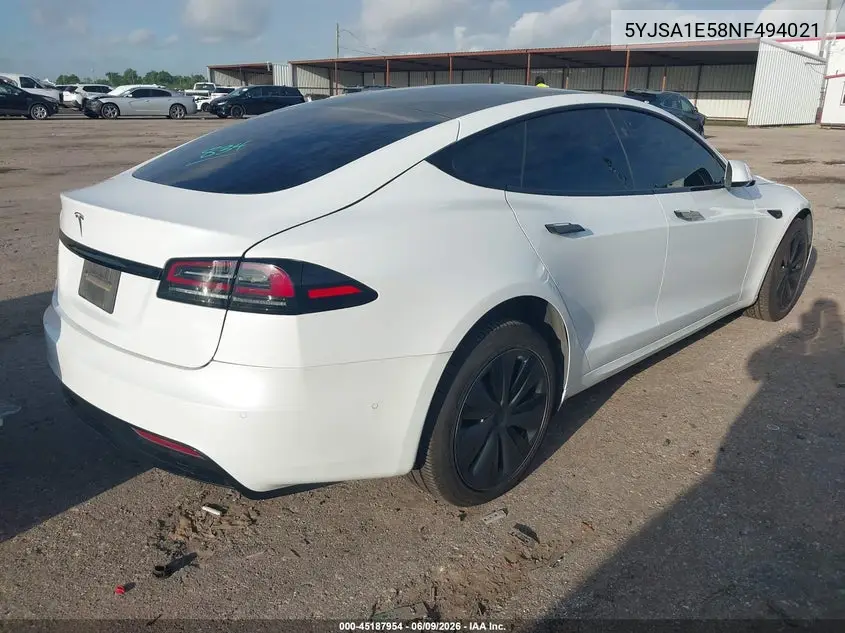2022 Tesla Model S Dual Motor All-Wheel Drive VIN: 5YJSA1E58NF494021 Lot: 45187954