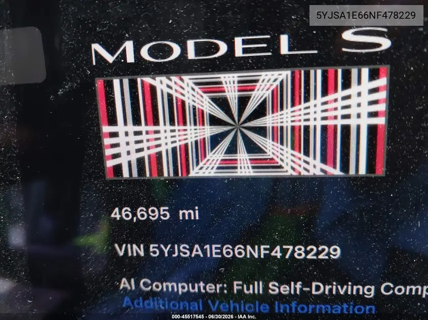 2022 Tesla Model S Plaid Tri Motor All-Wheel Drive VIN: 5YJSA1E66NF478229 Lot: 45517545