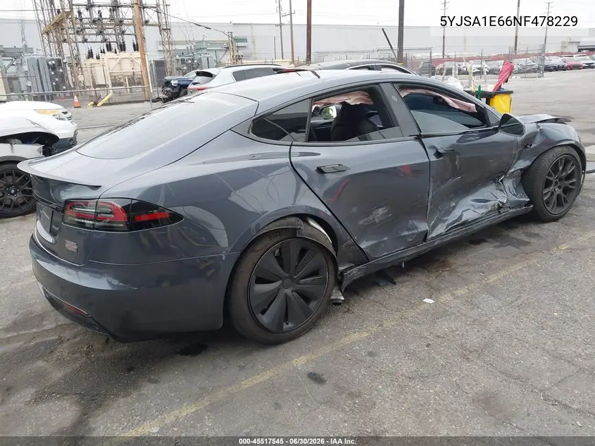 2022 Tesla Model S Plaid Tri Motor All-Wheel Drive VIN: 5YJSA1E66NF478229 Lot: 45517545