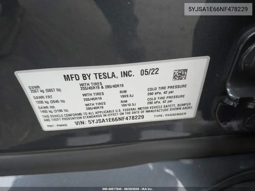 2022 Tesla Model S Plaid Tri Motor All-Wheel Drive VIN: 5YJSA1E66NF478229 Lot: 45517545