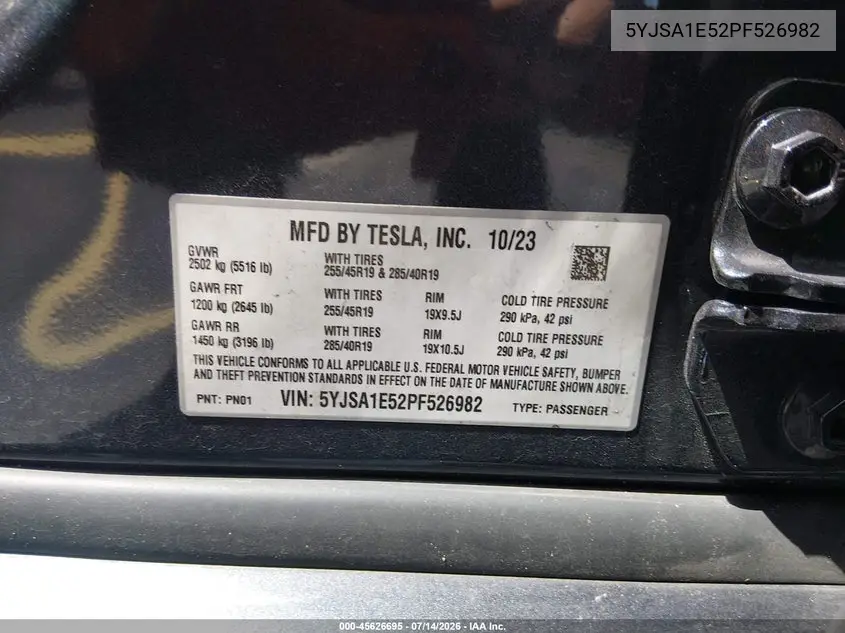 2023 Tesla Model S Dual Motor All-Wheel Drive/Standard Range VIN: 5YJSA1E52PF526982 Lot: 45626695