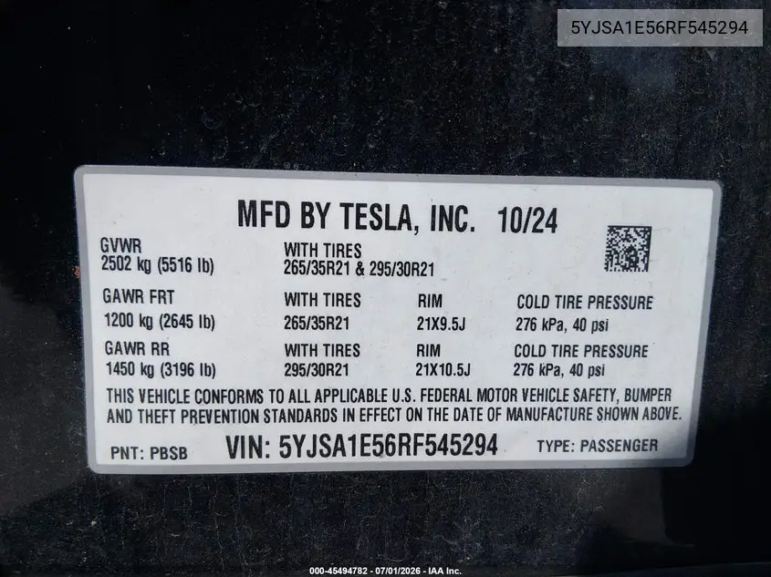2024 Tesla Model S Long Range VIN: 5YJSA1E56RF545294 Lot: 45494782