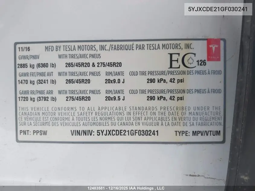 2016 Tesla Model X 60D/70D/75D/90D VIN: 5YJXCDE21GF030241 Lot: 12483581