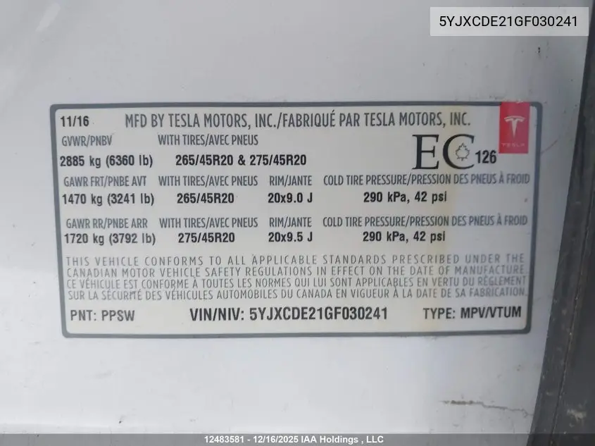 2016 Tesla Model X 60D/70D/75D/90D VIN: 5YJXCDE21GF030241 Lot: 12483581
