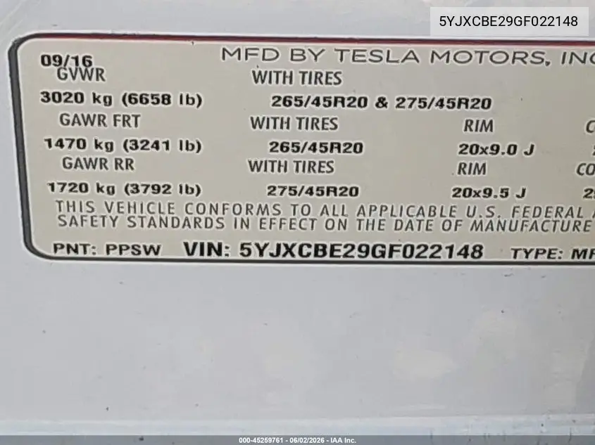 2016 Tesla Model X 60D/70D/75D/90D/P100D VIN: 5YJXCBE29GF022148 Lot: 45259761