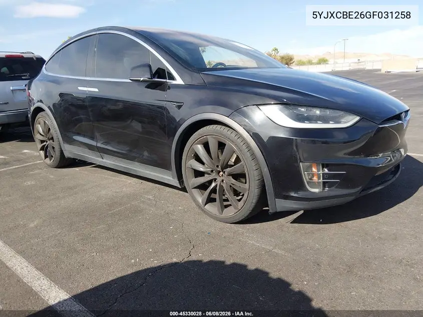 2016 Tesla Model X VIN: 5YJXCBE26GF031258 Lot: 45330028