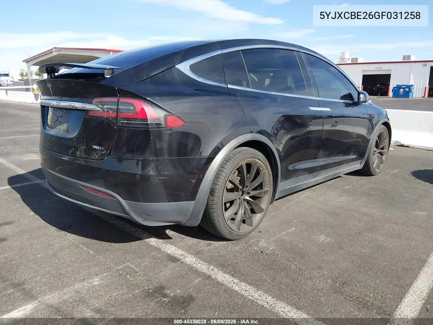 2016 Tesla Model X VIN: 5YJXCBE26GF031258 Lot: 45330028