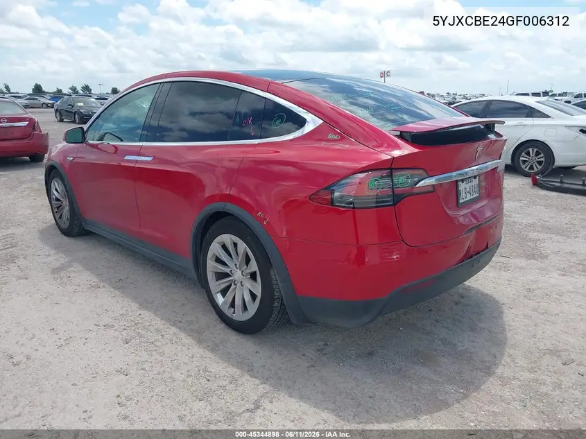 2016 Tesla Model X 60D/70D/75D/90D/P100D VIN: 5YJXCBE24GF006312 Lot: 45344898
