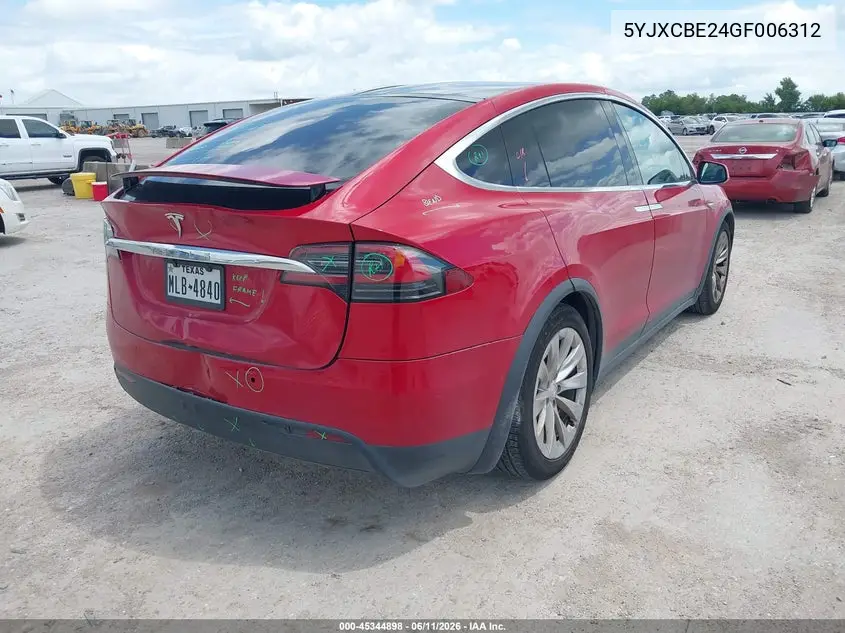 2016 Tesla Model X 60D/70D/75D/90D/P100D VIN: 5YJXCBE24GF006312 Lot: 45344898