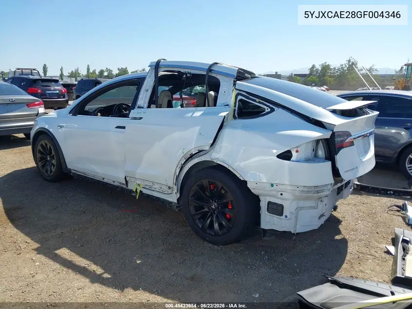 2016 Tesla Model X 60D/70D/75D/90D VIN: 5YJXCAE28GF004346 Lot: 45423954