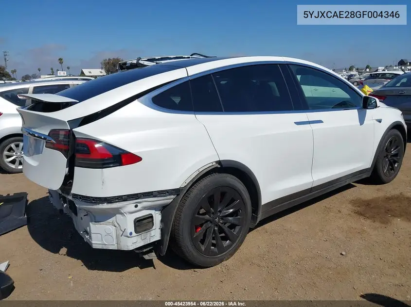 2016 Tesla Model X 60D/70D/75D/90D VIN: 5YJXCAE28GF004346 Lot: 45423954