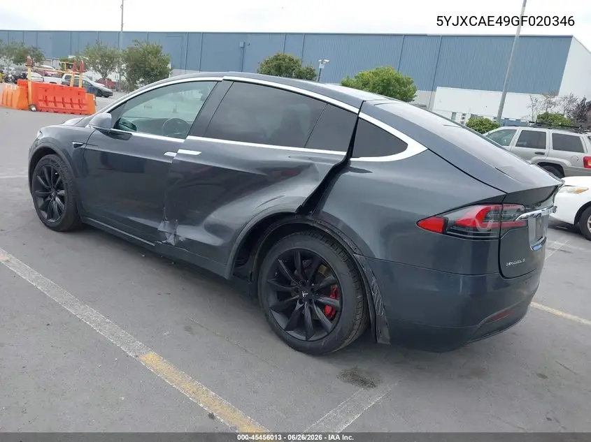 2016 Tesla Model X 60D/P100D/P90D VIN: 5YJXCAE49GF020346 Lot: 45456013