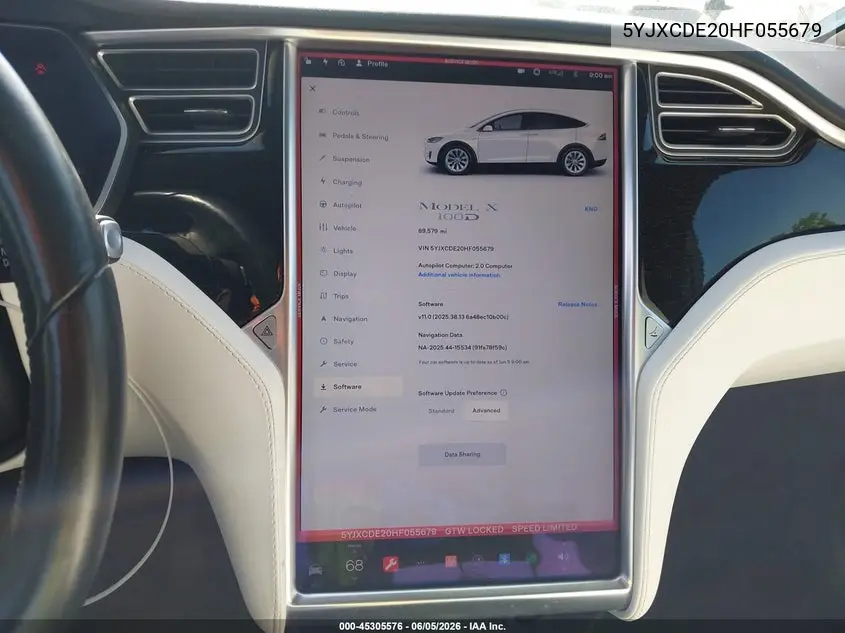 2017 Tesla Model X 100D/75D/90D VIN: 5YJXCDE20HF055679 Lot: 45305576